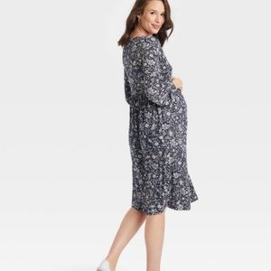 Target Ingrid + Isabel Smocked Shoulder Knit Maternity Midi Dress Floral Blue